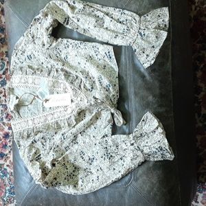 Cleobella Cream Floral Lace-Trim Tie-Front Blouse